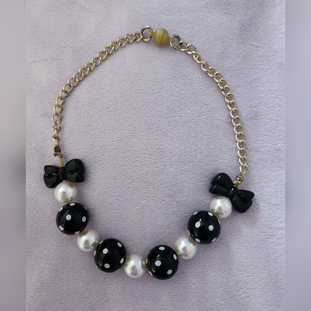 Girls Gymboree Black and White Polka Dot Bow Necklace